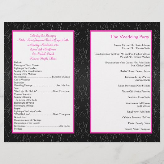Schwarz, Heiß-Rosa und Weißes Hochzeitsprogramm (Rückseite)