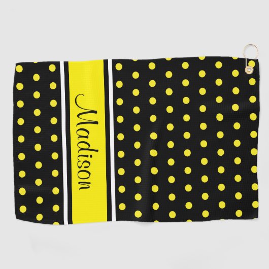 Schwarz-Hell-Gelb-Polka-Dot-Strip-Skriptname Golfhandtuch (Horizontal)