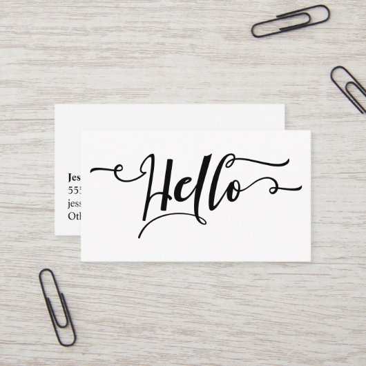 Schwarz-Hello-Script-Typografie über Editable Whit Visitenkarte (Vorderseite/Rückseite Beispiel)