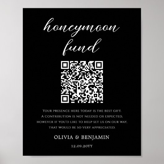 Schwarz | Honeymoon Fund QR Code Wedding Sign Poster (Vorne)