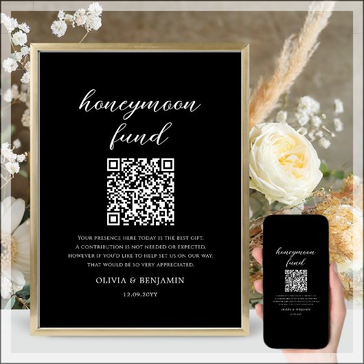 Schwarz | Honeymoon Fund QR Code Wedding Sign Poster