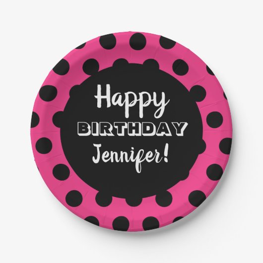 Schwarz & Hot Pink Polka Dot Custom Birthday Pappteller (Vorderseite)