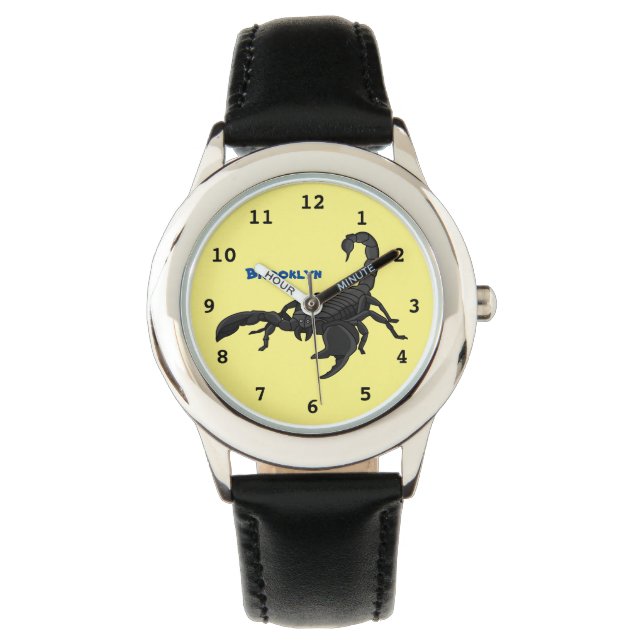 Schwarz-hungriges Skorpion Cartoon Illustration Armbanduhr (Vorderseite)