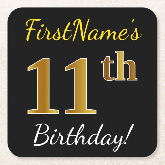 Schwarz, Imitate Gold 11. Geburtstag + Individuell Rechteckiger Pappuntersetzer (Vorderseite)