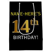 Schwarz, Imitate Gold 14. Geburtstag + Individuell Mittlere Geschenktüte (Rückseite)
