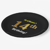Schwarz, Imitate Gold 14. Geburtstag + Individuell Pappteller (Schrägansicht)
