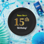 Schwarz, Imitate Gold 15. Geburtstag + Individuell Pappteller (Party)