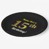 Schwarz, Imitate Gold 15. Geburtstag + Individuell Pappteller (Schrägansicht)