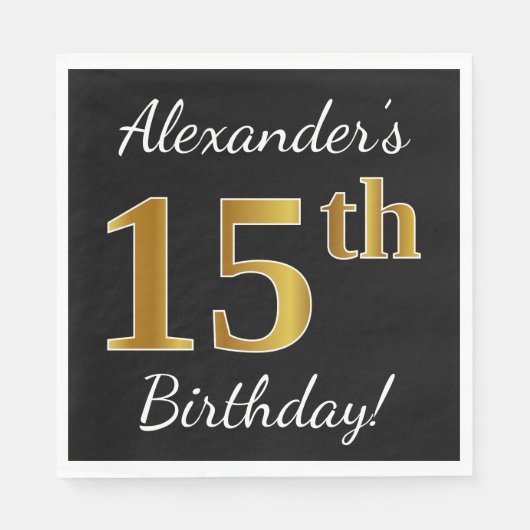 Schwarz, Imitate Gold 15. Geburtstag + Individuell Serviette (Vorderseite)