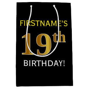 Schwarz, Imitate Gold 19. Geburtstag + Individuell Mittlere Geschenktüte