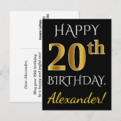 Schwarz, Imitate Gold 20. Geburtstag + Individuell Postkarte (Vorne/Hinten)