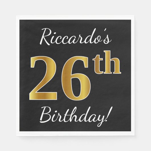 Schwarz, Imitate Gold 26. Geburtstag + Individuell Serviette (Vorderseite)