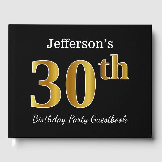 Schwarz, Imitate Gold 30. Geburtstag Party + Indiv Gästebuch (Vorderseite)