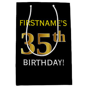 Schwarz, Imitate Gold 35. Geburtstag + Individuell Mittlere Geschenktüte