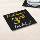 Schwarz, Imitate Gold 3. Geburtstag + Individuelle Rechteckiger Pappuntersetzer (angewinkelt)