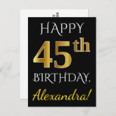 Schwarz, Imitate Gold 45. Geburtstag + Individuell Postkarte (Vorne/Hinten)