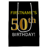 Schwarz, Imitate Gold 50. Geburtstag + Individuell Mittlere Geschenktüte (Rückseite)