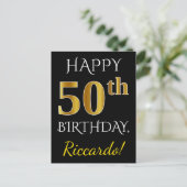 Schwarz, Imitate Gold 50. Geburtstag + Individuell Postkarte (Stehend Vorderseite)