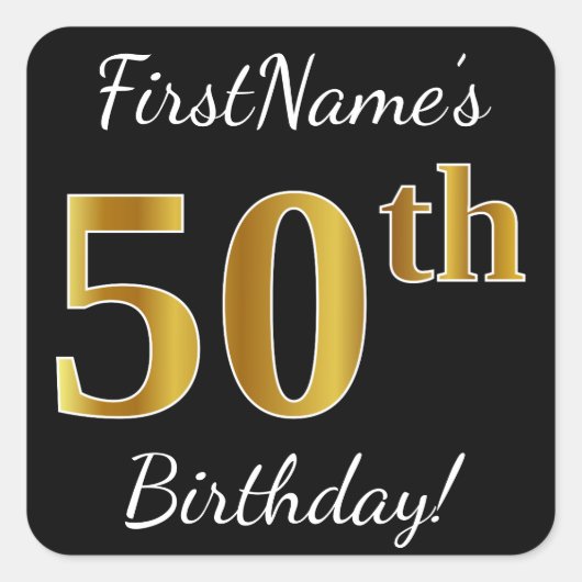 Schwarz, Imitate Gold 50. Geburtstag + Individuell Quadratischer Aufkleber (Vorderseite)