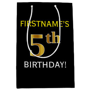 Schwarz, Imitate Gold 5. Geburtstag + Individuelle Mittlere Geschenktüte