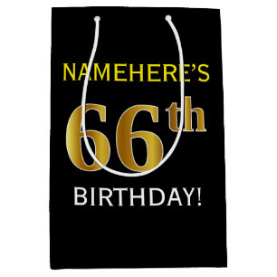 Schwarz, Imitate Gold 66. Geburtstag + Individuell Mittlere Geschenktüte