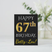 Schwarz, Imitate Gold 67. Geburtstag + Individuell Postkarte (Stehend Vorderseite)