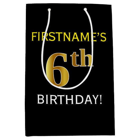 Schwarz, Imitate Gold 6. Geburtstag + Individuelle Mittlere Geschenktüte (Vorderseite)