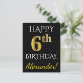 Schwarz, Imitate Gold 6. Geburtstag + Individuelle Postkarte (Stehend Vorderseite)