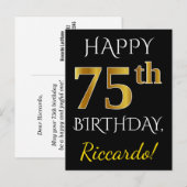 Schwarz, Imitate Gold 75. Geburtstag + Individuell Postkarte (Vorne/Hinten)
