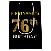 Schwarz, Imitate Gold 76. Geburtstag + Individuell Mittlere Geschenktüte (Rückseite)
