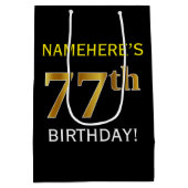 Schwarz, Imitate Gold 77. Geburtstag + Individuell Mittlere Geschenktüte (Rückseite)