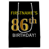 Schwarz, Imitate Gold 86. Geburtstag + Individuell Mittlere Geschenktüte (Rückseite)