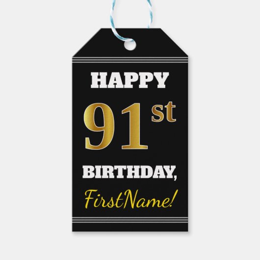 Schwarz, Imitate Gold 91. Geburtstag + Individuell Geschenkanhänger (Vorderseite)