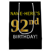 Schwarz, Imitate Gold 92. Geburtstag + Individuell Mittlere Geschenktüte (Rückseite)
