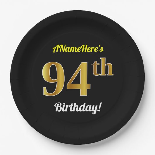 Schwarz, Imitate Gold 94. Geburtstag + Individuell Pappteller (Vorderseite)