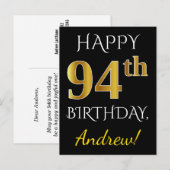 Schwarz, Imitate Gold 94. Geburtstag + Individuell Postkarte (Vorne/Hinten)