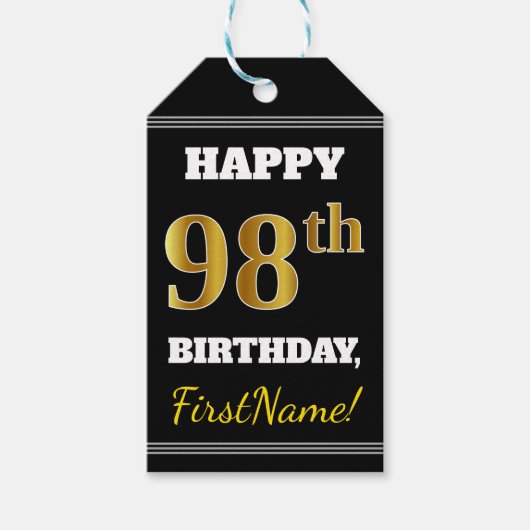 Schwarz, Imitate Gold 98. Geburtstag + Individuell Geschenkanhänger (Vorderseite)