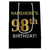 Schwarz, Imitate Gold 98. Geburtstag + Individuell Mittlere Geschenktüte (Rückseite)