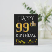 Schwarz, Imitate Gold 99. Geburtstag + Individuell Postkarte (Stehend Vorderseite)