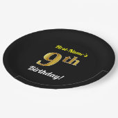Schwarz, Imitate Gold 9. Geburtstag + Individuelle Pappteller (Schrägansicht)