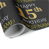 Schwarz, Imitate Gold "HAPPY 15. BIRTHDAY" Geschenkpapier (Rolleneckpunkt)