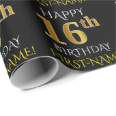 Schwarz, Imitate Gold "HAPPY 16. BIRTHDAY" Geschenkpapier (Rolleneckpunkt)