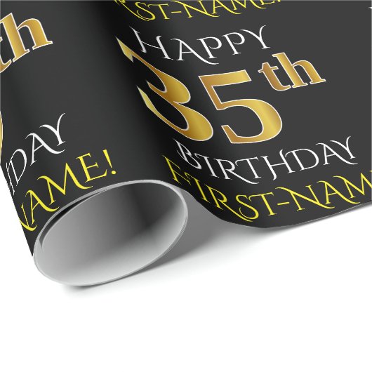 Schwarz, Imitate Gold "HAPPY 35. BIRTHDAY" Geschenkpapier (Rolleneckpunkt)