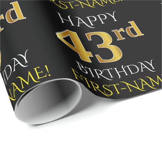Schwarz, Imitate Gold "HAPPY 43. BIRTHDAY" Geschenkpapier (Rolleneckpunkt)