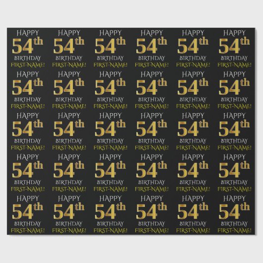 Schwarz, Imitate Gold "HAPPY 54. BIRTHDAY" Geschenkpapier (Flach)