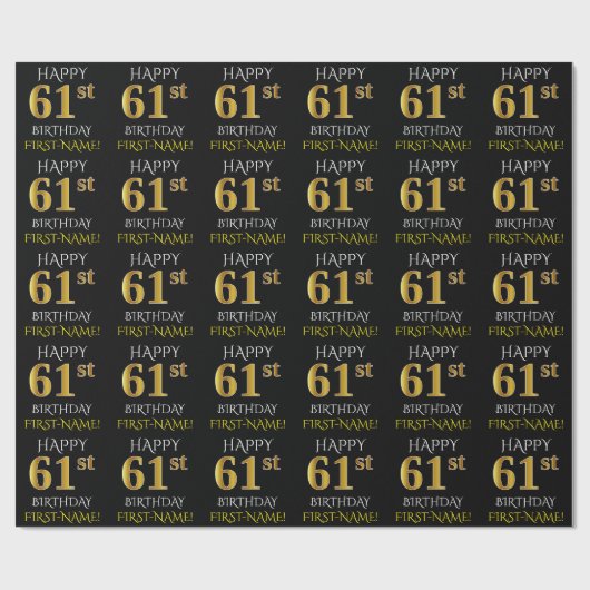 Schwarz, Imitate Gold "HAPPY 61. BIRTHDAY" Geschenkpapier (Flach)