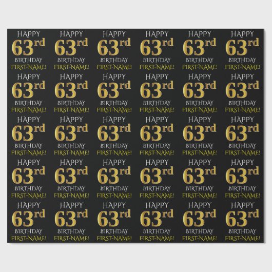 Schwarz, Imitate Gold "HAPPY 63. BIRTHDAY" Geschenkpapier (Flach)