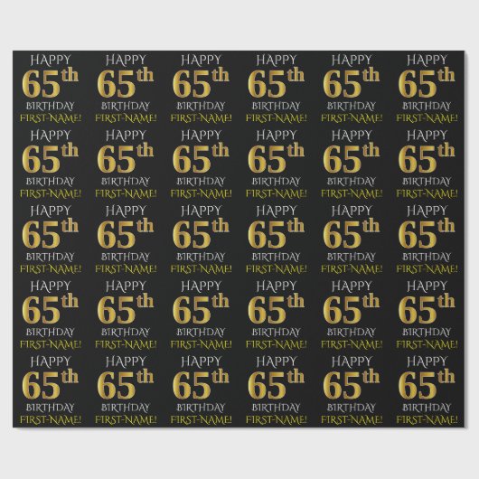 Schwarz, Imitate Gold "HAPPY 65. BIRTHDAY" Geschenkpapier (Flach)