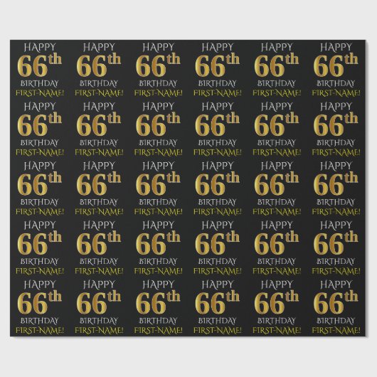 Schwarz, Imitate Gold "HAPPY 66. BIRTHDAY" Geschenkpapier (Flach)