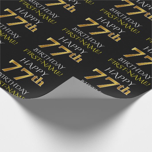 Schwarz, Imitate Gold "HAPPY 77. BIRTHDAY" Geschenkpapier (Ecke)